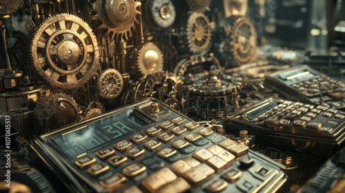 Steampunk-inspired financial market with mechanical calculators and gears representing complex stock trades photo