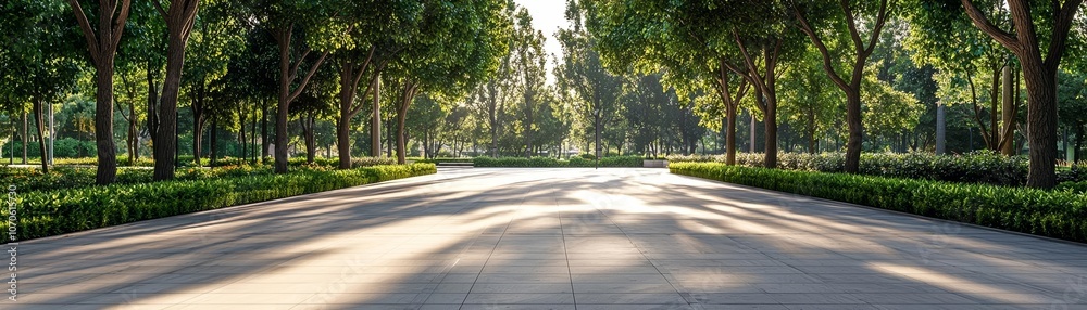 Modern city park scene, empty paved plaza with greenery, tall trees casting soft shadows, clear sky, tranquil and refreshing ambiance Modern city park scene, empty paved plaza with greenery, tall trees casting soft shadows, clear sky, tranquil and refreshing ambiance