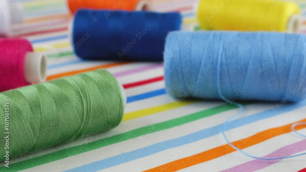Close-up view of white cotton fabric with rainbow stripes and spools of matching threads rotate in the display case. Textile background on the theme is LGBTQ community, tolerance. Close-up view of white cotton fabric with rainbow stripes and spools of matching threads rotate in the display case. Textile background on the theme is LGBTQ community, tolerance.