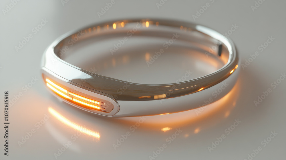 Wearable diagnostic device shaped like a thin metallic bracelet, emitting soft pulses of light while scanning users vital signs in real-time Wearable diagnostic device shaped like a thin metallic bracelet, emitting soft pulses of light while scanning users vital signs in real-time