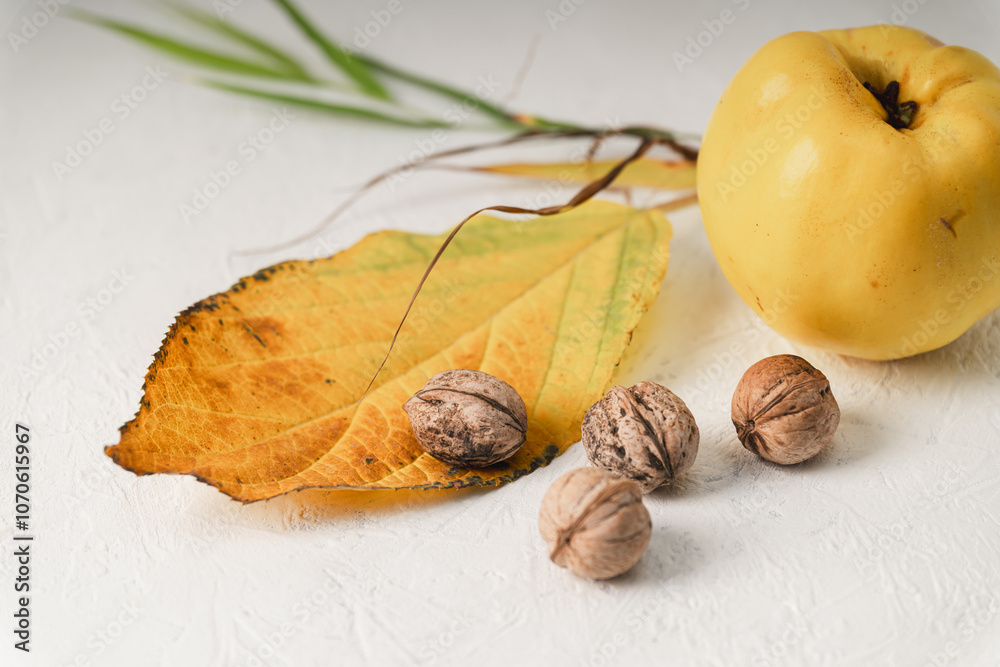 Autumn composition with walnuts, yellow leaves and ripe quince. Selective focus. Autumn background. Autumn composition with walnuts, yellow leaves and ripe quince. Selective focus. Autumn background.