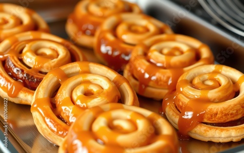 A close-up of freshly baked caramel rolls on a silver tray photo