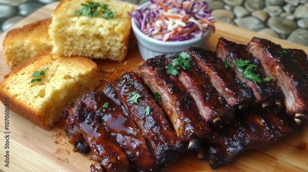 Delicious Barbecue Ribs with Sides and Fresh Garnish Delicious Barbecue Ribs with Sides and Fresh Garnish