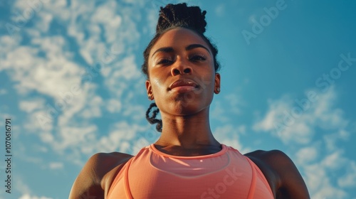 Woman exercising outdoors, recovering or reflecting after a workout for balance and wellness. Engaging in relaxation and breath control for cardio or resting photo