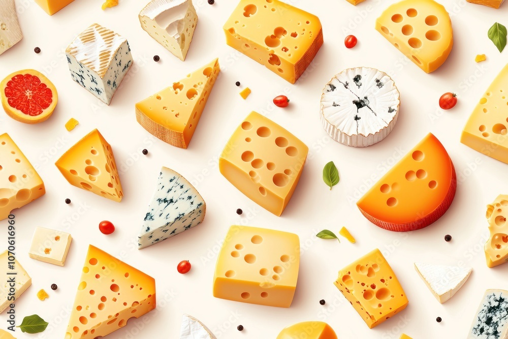 A Variety of Cheeses Arranged on a White Background A Variety of Cheeses Arranged on a White Background