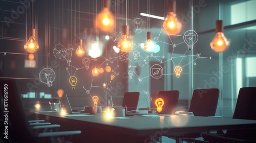 A digital meeting room where virtual light bulbs and abstract symbols hover around a conference table, depicting collaborative brainstorming sessions.