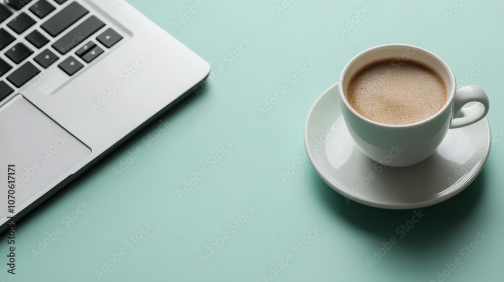 A coffee cup sits beside a laptop on a mint-colored surface, suggesting a workspace atmosphere.