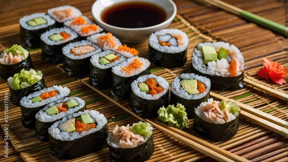A beautifully arranged platter of sushi with soy sauce and wasabi on a bamboo mat. A beautifully arranged platter of sushi with soy sauce and wasabi on a bamboo mat.
