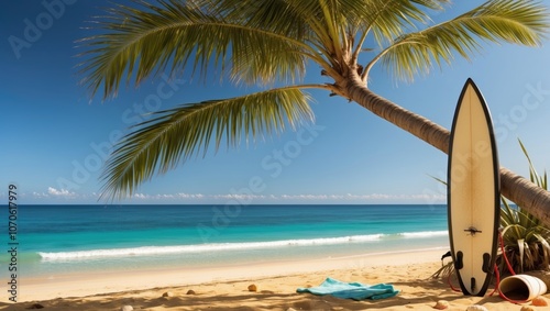 Serene Vibrant Beach Scene with Surfboard and Palm Tree