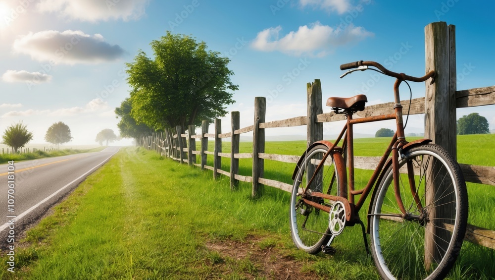 Serene Countryside Scene with Worn Bicycle by Fence Serene Countryside Scene with Worn Bicycle by Fence