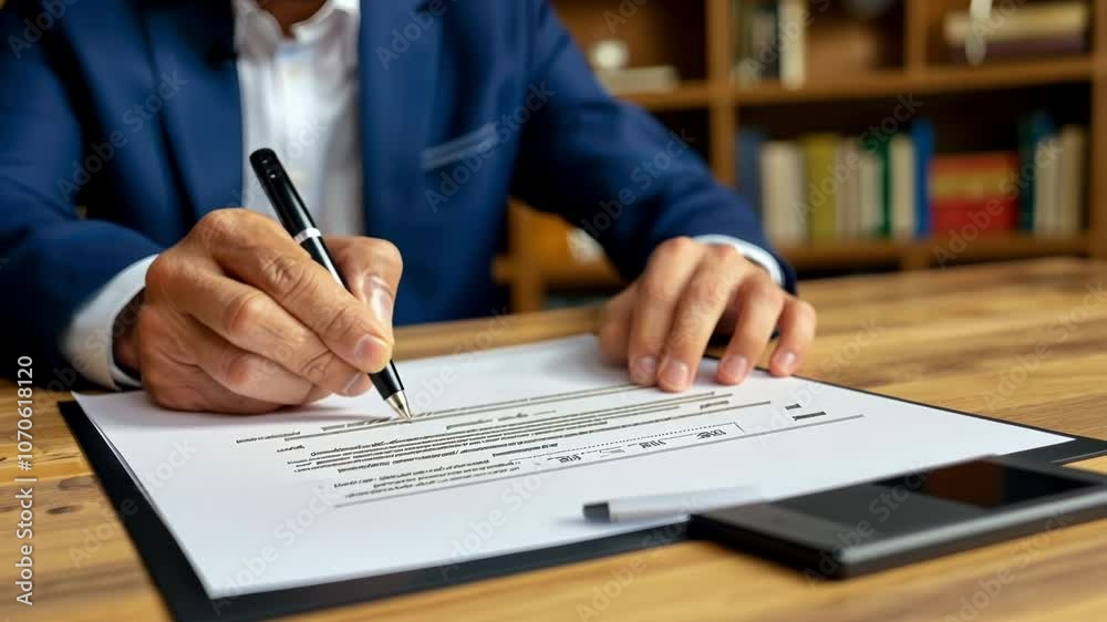 Close up of a businessman signing contract at the table. Business man sign document. Mortgage or investment professional agreement
