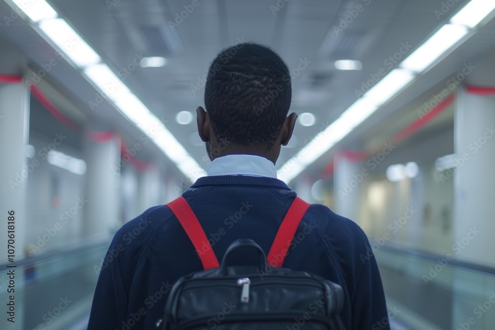 Businessman embarking on a journey to a networking seminar, seen from the back at the airport. Young professional focused on self-improvement and career advancement Businessman embarking on a journey to a networking seminar, seen from the back at the airport. Young professional focused on self-improvement and career advancement