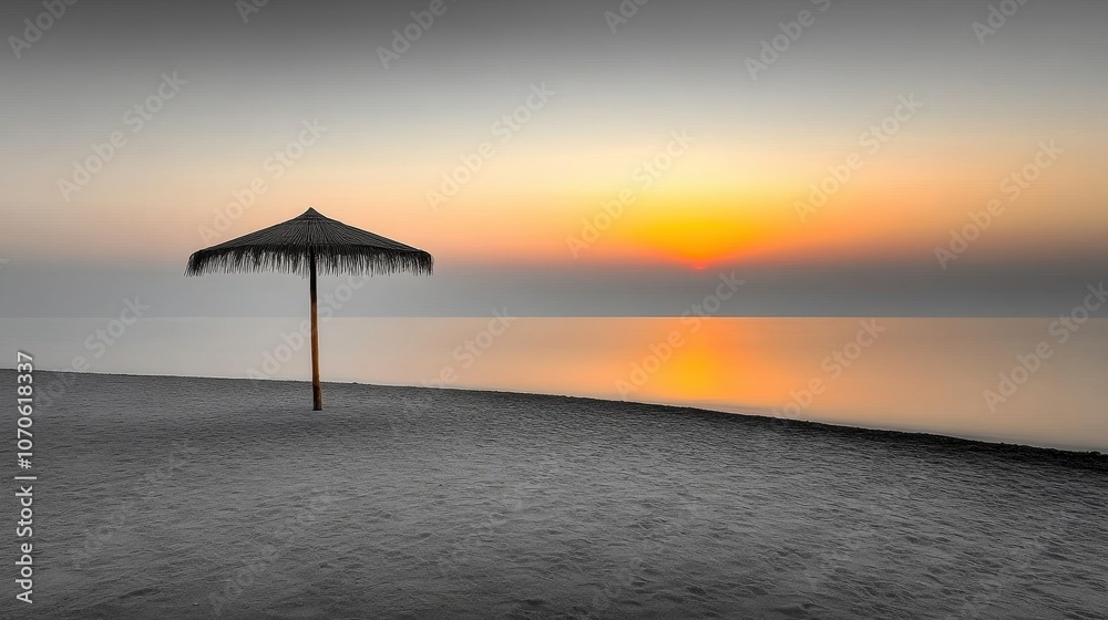 Empty beach with single umbrella silhouette Empty beach with single umbrella silhouette