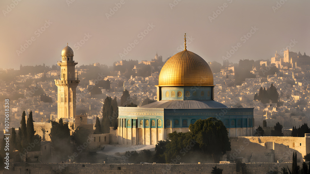 Obraz premium Dome of the rock at dawn the dome of the rock bathed in the soft morning light, Ai generated