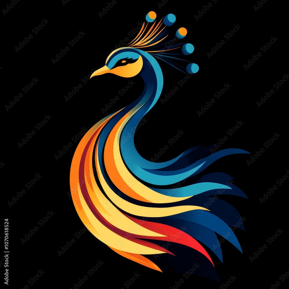 Fototapeta premium Stylized peacock illustration with vibrant flowing feathers, symbolizing beauty, pride, and elegance. The colorful design on a dark background captures the regal and exotic nature of the bird.