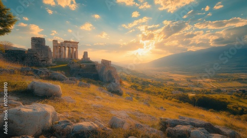 A breathtaking sunset over the ancient ruins of Alba Fucens in Abruzzo, showcasing historical architecture and scenic countryside views photo