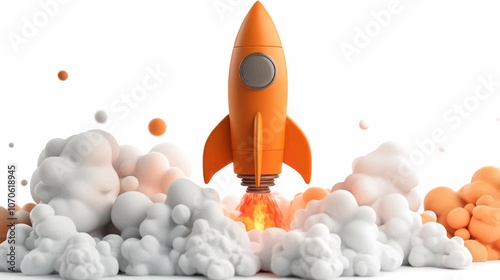 Business growth concept with a rocket launching beside bar graphs, representing success and progress in a minimalistic style.