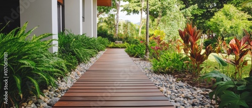 Garden wooden path. Modern garden path way made from hardwood designed with lush greenery, flowers. Wood decking. Backyard pathway walk. Garden lounge. Footpath. Woodland shade. Cottagecore. Outdoor photo