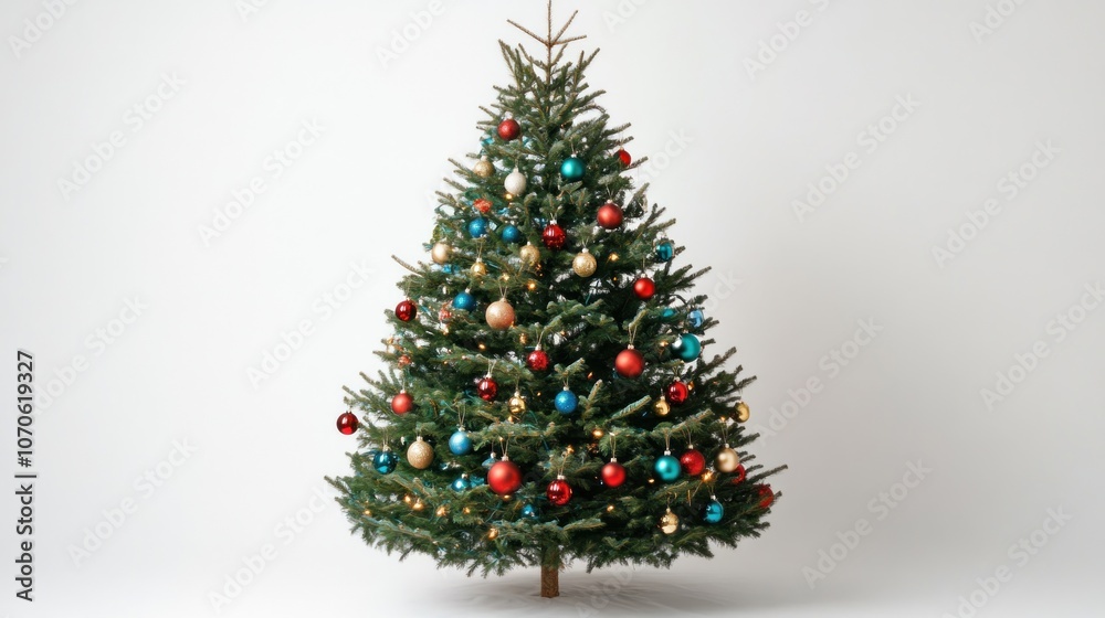 A decorated Christmas tree with red, gold, and blue ornaments on a plain light background, symbolizing holiday festivity and tradition. No people are in the image. A decorated Christmas tree with red, gold, and blue ornaments on a plain light background, symbolizing holiday festivity and tradition. No people are in the image.