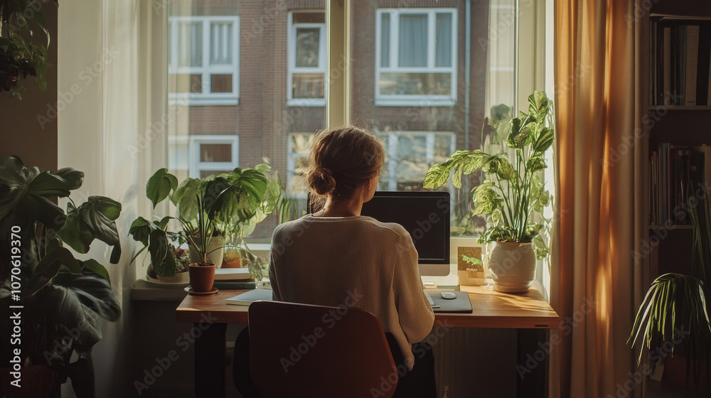 Remote worker in a minimalistic home office, large window with natural light, peaceful environment Remote worker in a minimalistic home office, large window with natural light, peaceful environment