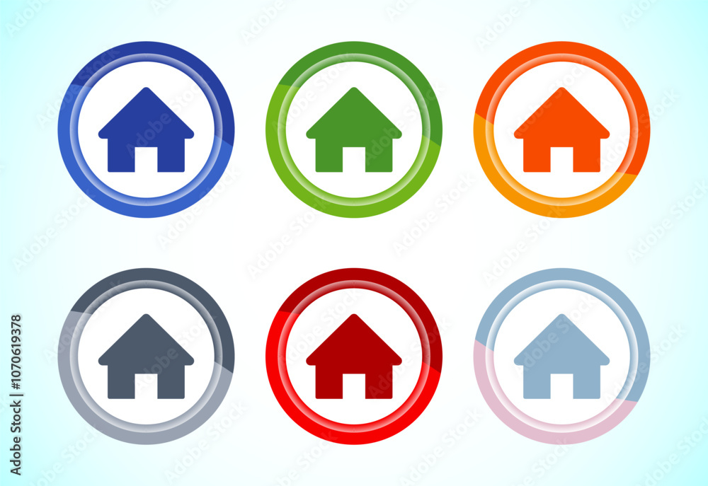 Home icon design illustration, main page icon for mobile and web, six color button set design Home icon design illustration, main page icon for mobile and web, six color button set design
