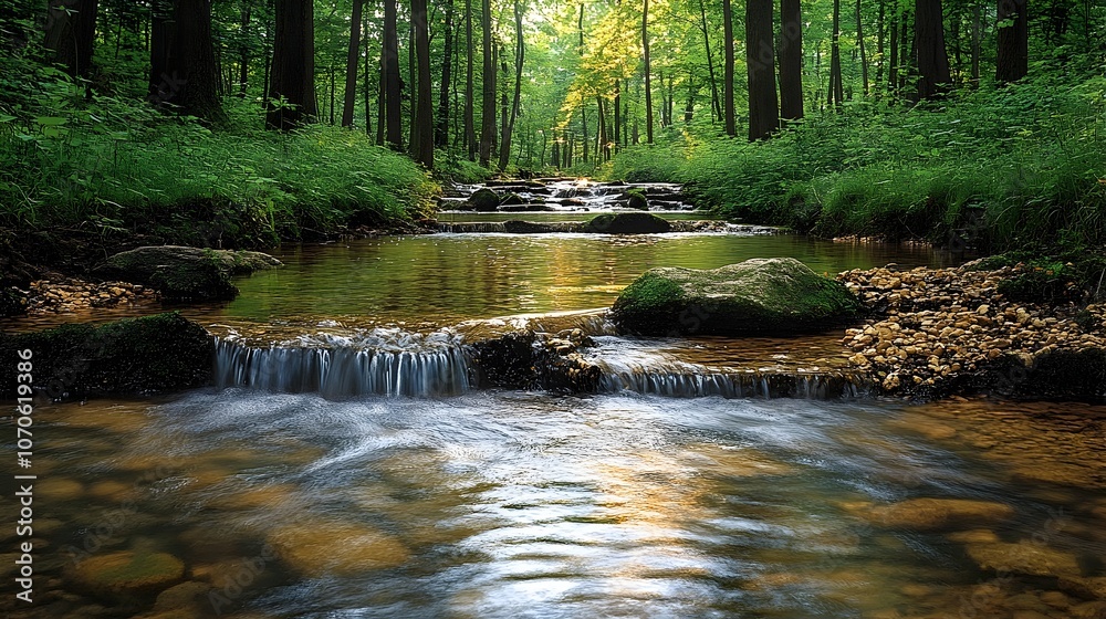 Tranquil small stream flowing through a lush green forest with smooth stones and gentle ripples creating a serene and peaceful atmosphere in the natural environment Tranquil small stream flowing through a lush green forest with smooth stones and gentle ripples creating a serene and peaceful atmosphere in the natural environment