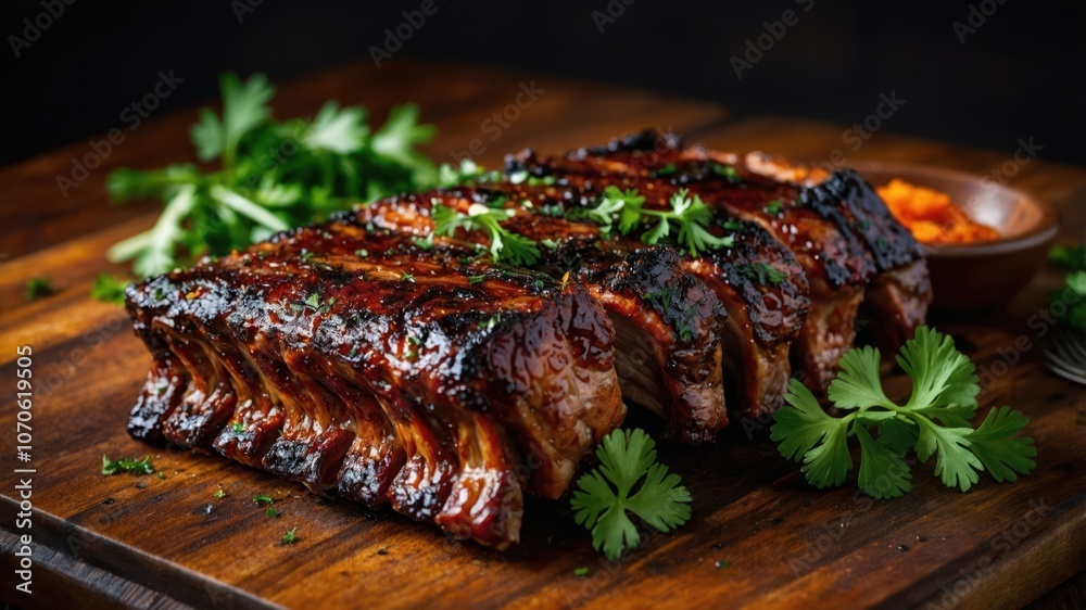 A beautifully glazed rack of ribs garnished with herbs, served on a wooden table. A beautifully glazed rack of ribs garnished with herbs, served on a wooden table.