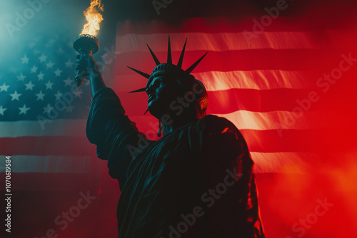 statue of liberty standing with an american flag behind her