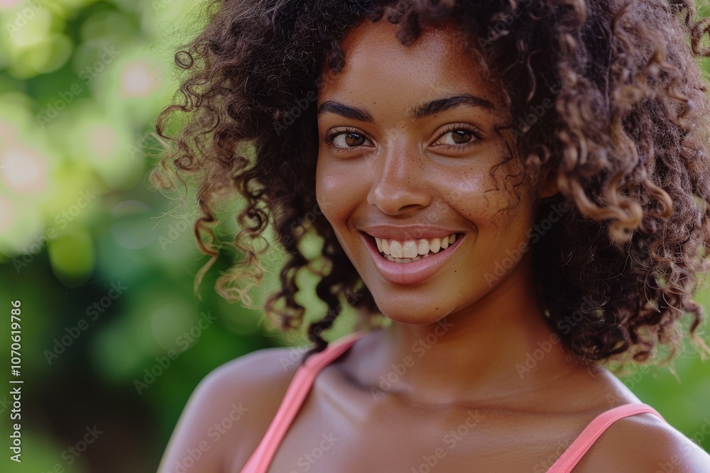 Happy woman with an afro enjoying a summer holiday, smiling and showcasing her fashionable style while exploring a travel destination Happy woman with an afro enjoying a summer holiday, smiling and showcasing her fashionable style while exploring a travel destination