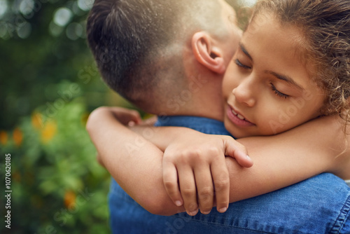 Dad, girl and comfort with hug in garden for bonding, love and support at home. Outdoor, people and parent with kid as father for memories, trust and care at backyard for child development and growth