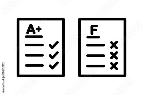 Set of A plus and F grade paper form icon. Excellent and failed score result. Performance, achievement, evaluation concepts. Outlined vector design isolated illustration.