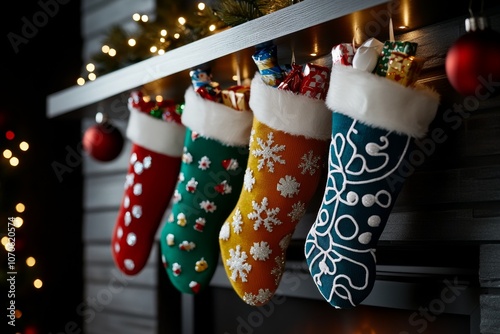 A close-up of Christmas stockings filled with small gifts and candy, hanging by the fireplace