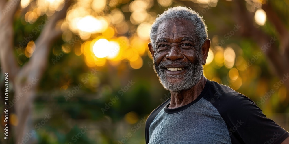 Active Lifestyle and Wellbeing of a Senior Man Enjoying Outdoor Exercise, Smiling and Staying Fit in Nature on a Summer Day