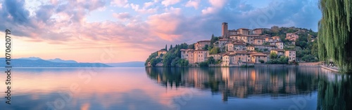 Stunning sunset over Lake Bracciano revealing medieval towns and calm waters in Lazio