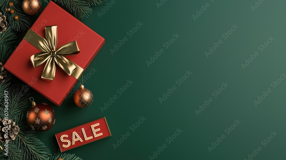 Christmas sale scene with green backdrop, red gift box with gold bow, 