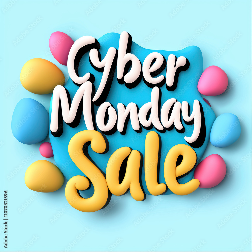 Cyber Monday Sale with colorful 3D text on blue background, featuring playful shapes. Perfect for promotional materials and advertisements Cyber Monday Sale with colorful 3D text on blue background, featuring playful shapes. Perfect for promotional materials and advertisements