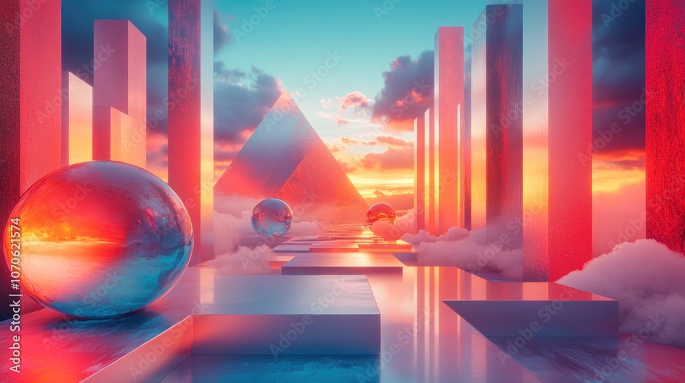 Surreal Sunset Landscape with Geometric Shapes