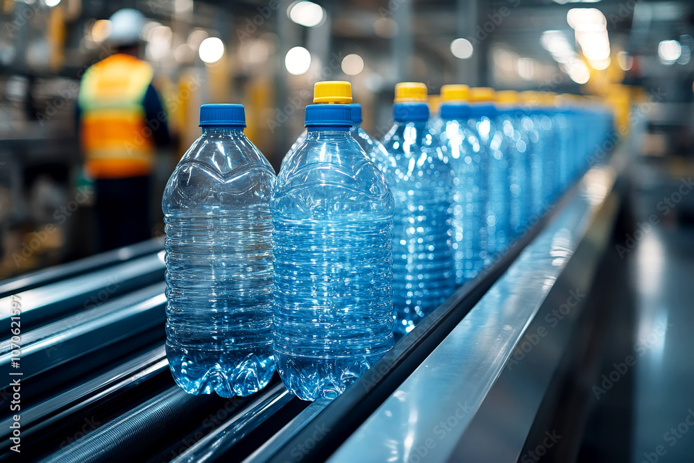 Blue Plastic Bottles on Conveyor Belt in Recycling Process Blue Plastic Bottles on Conveyor Belt in Recycling Process