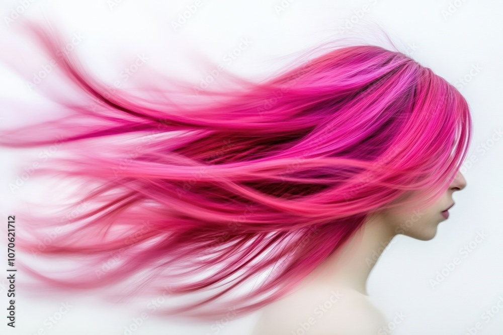 Naklejka premium Woman with flowing pink hair against a white isolated background.