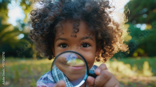 Fototapeta Naklejka Na Ścianę i Meble -  Young girl using a magnifying glass to explore plants and nature in a garden or park during summer