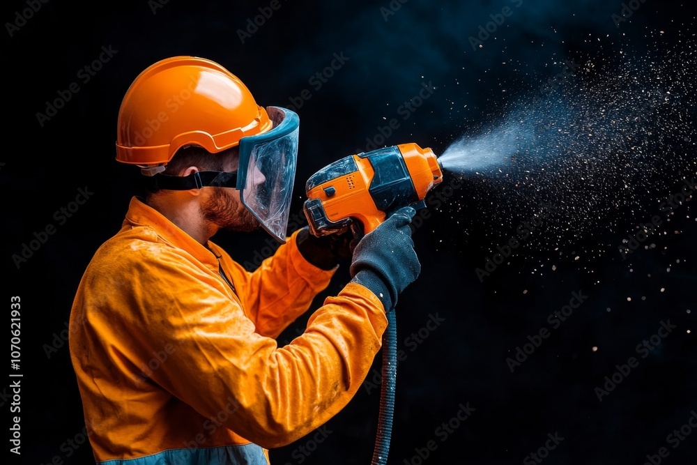 Fototapeta premium A construction worker using a jackhammer to break concrete, with dust and debris flying in the air