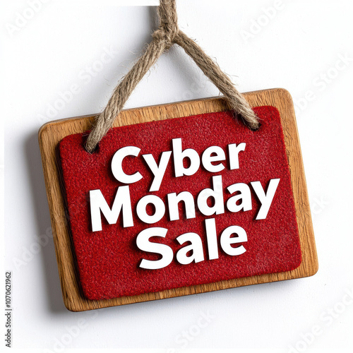 Cyber Monday Sale sign with bold white letters on red background, hanging on wooden board, perfect for promotional events and marketing campaigns photo