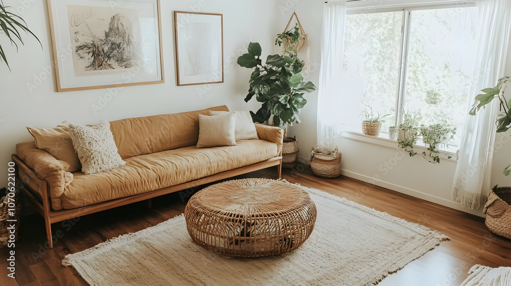 Relaxed Minimalist Boho Chic Living Room with Tan Sofa, Rattan Coffee Table, Organic Textures, and Lush Plants for a Nature-Inspired Ambiance
