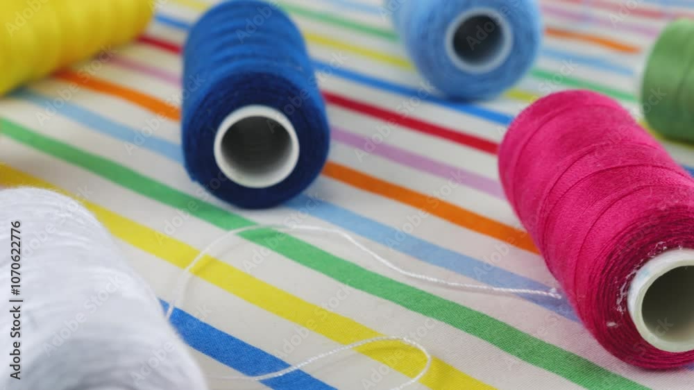 Flip Rotation Textiles Close-up view of white cotton fabric with rainbow stripes and spools of ...