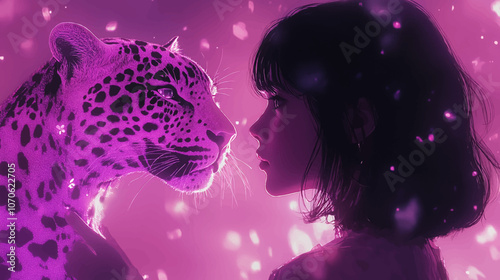 A blurry, faceless humanoid with dark hair holding the glowing purple silhouette of a leopard print Panther, set against a pink and purple gradient background, There are stars.
