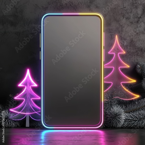 Futuristic smartphone with blank screen, glowing abstract Christmas trees in soft neon colors, digital winter forest concept photo