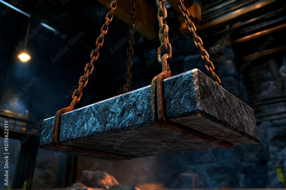A detailed 3D illustration of a crane lifting steel beams, with realistic textures and lighting effects