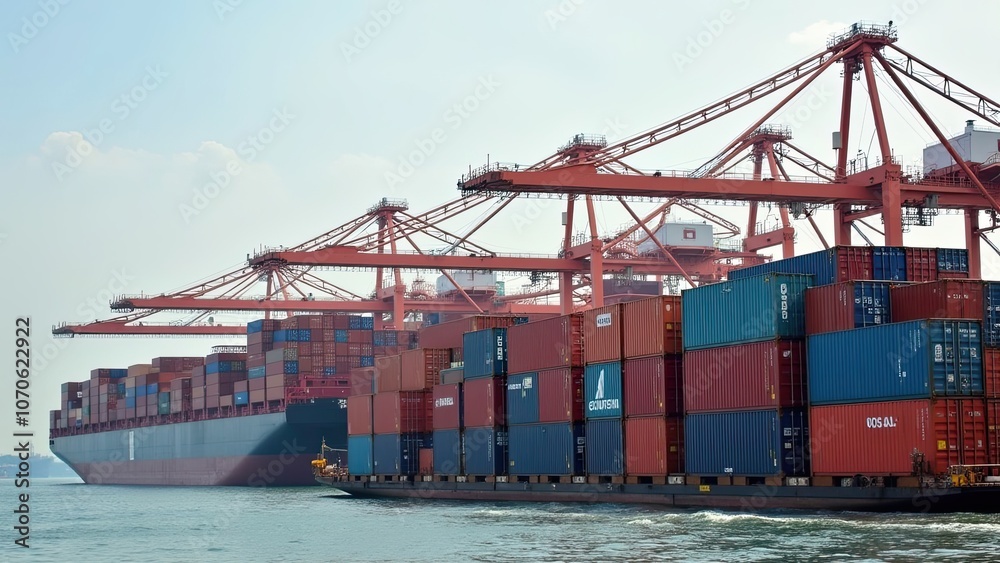 Naklejka premium Cargo Ship Docked at a Busy Port With Towering Cranes and Colorful Shipping Containers During the Day