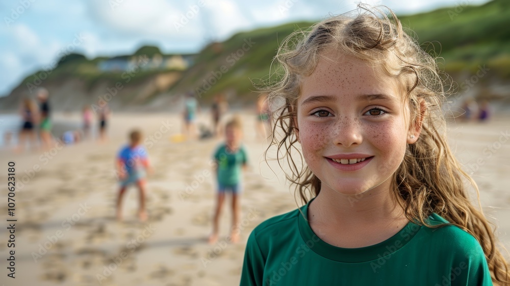 Young girl participating in beach cleanup, focused on environmental awareness and sustainability, wearing a volunteer vest and smiling while tackling pollution and waste Young girl participating in beach cleanup, focused on environmental awareness and sustainability, wearing a volunteer vest and smiling while tackling pollution and waste
