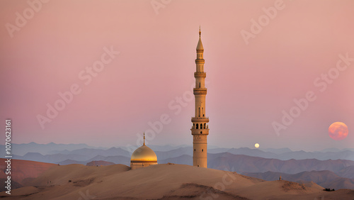 Golden minaret in the horizon a golden minaret in the distance reaching up into a sky, AI Generated photo